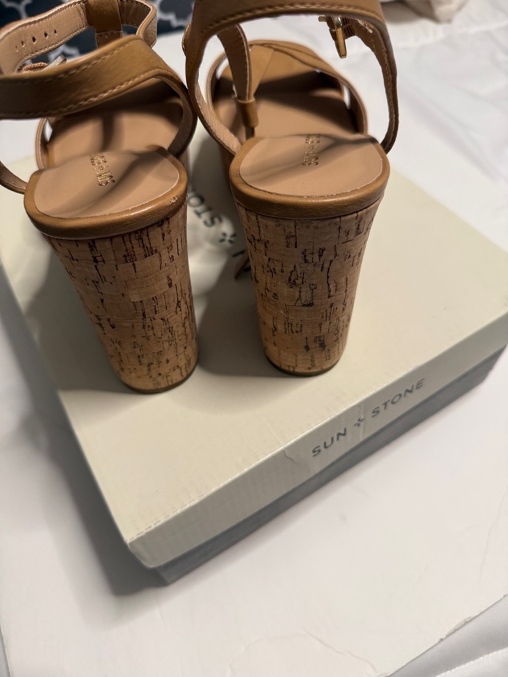 Sun + Stone Tan Cross-Strap Slingback Wedge Sandals - Picture 3 of 8